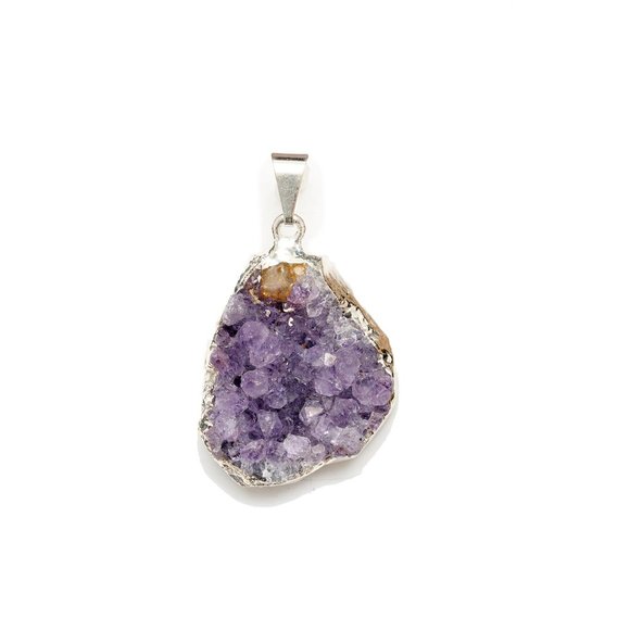 Rough Amethyst Druze Cluster Necklace Pendant & Chain Fashion Jewelry - Picture 1 of 9
